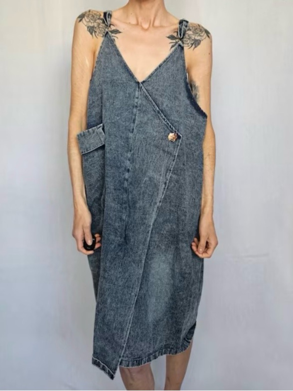 Vintage 1990s/2000s Oversized Denim Wrap Dress Asymmetrical Straps Pocket 6 Sz M
